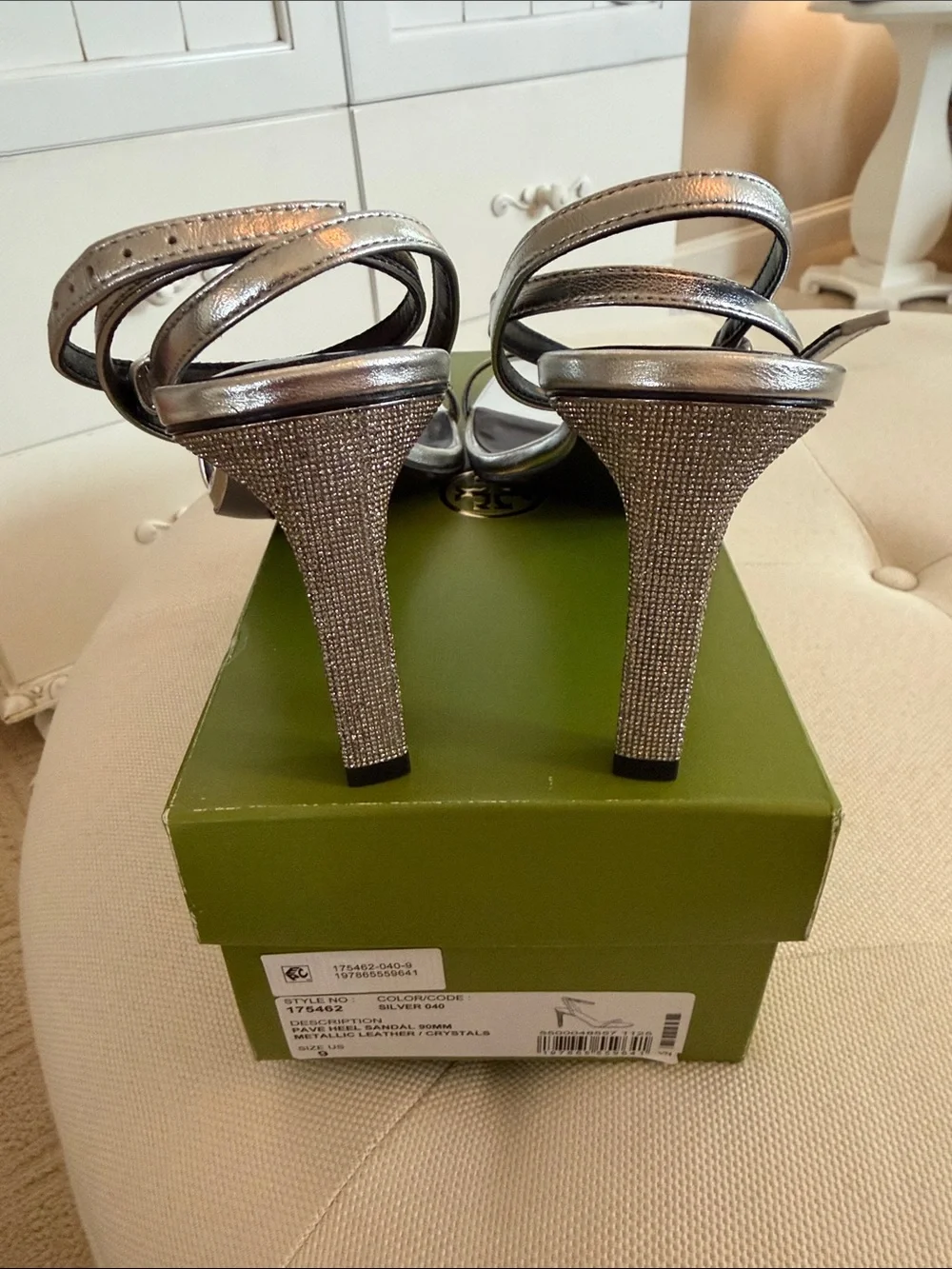 Tory Burch Metallic Silver Ankle-Strap Heels.  New in box no defects size 9.